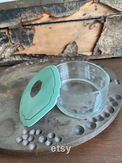 Vintage Glass Vanity Powder Dish Jar with Etched Flowers, Powder Dish, Vintage Cosmetic Jar, Vanity Jar, Vintage Trinket Dish, Etched Glass