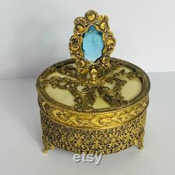 Vintage Gold Ormolu Gold Filigree Footed Powder Box with Gem Finial on Lid