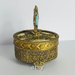 Vintage Gold Ormolu Gold Filigree Footed Powder Box with Gem Finial on Lid