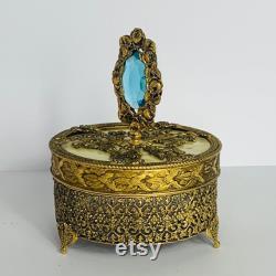 Vintage Gold Ormolu Gold Filigree Footed Powder Box with Gem Finial on Lid