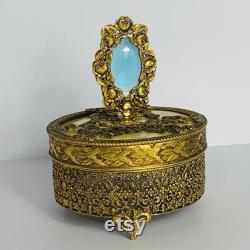 Vintage Gold Ormolu Gold Filigree Footed Powder Box with Gem Finial on Lid