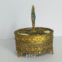 Vintage Gold Ormolu Gold Filigree Footed Powder Box with Gem Finial on Lid