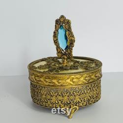 Vintage Gold Ormolu Gold Filigree Footed Powder Box with Gem Finial on Lid