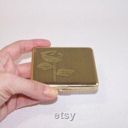 Vintage Gold Tone Powder Compact Brass Rose Design, Mirrored
