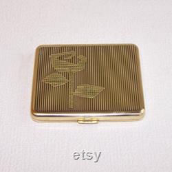 Vintage Gold Tone Powder Compact Brass Rose Design, Mirrored