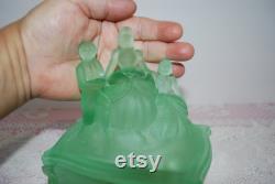 Vintage Green Satin Glass Figural Powder Jar Martha Washington Vanity Powder Jar