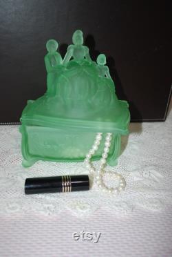 Vintage Green Satin Glass Figural Powder Jar Martha Washington Vanity Powder Jar