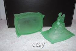 Vintage Green Satin Glass Figural Powder Jar Martha Washington Vanity Powder Jar