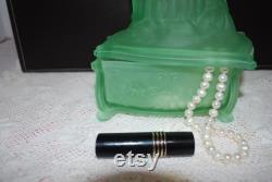 Vintage Green Satin Glass Figural Powder Jar Martha Washington Vanity Powder Jar