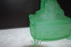 Vintage Green Satin Glass Figural Powder Jar Martha Washington Vanity Powder Jar