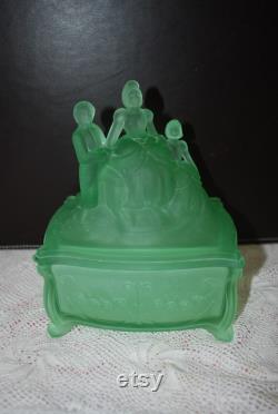 Vintage Green Satin Glass Figural Powder Jar Martha Washington Vanity Powder Jar