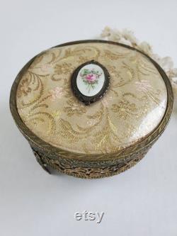Vintage Guilloche rose vanity powder box Ornate Gold ormolu jewelry box footed