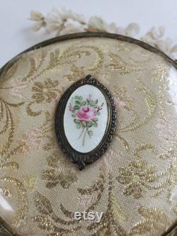 Vintage Guilloche rose vanity powder box Ornate Gold ormolu jewelry box footed