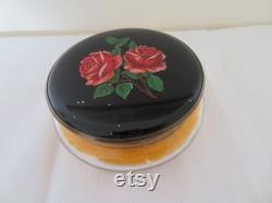 Vintage Gwenda Glass Powder Bowl, Black and Red Rose Enamel Screw Lid, Unused Powder Puff