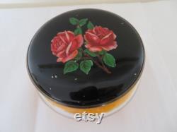 Vintage Gwenda Glass Powder Bowl, Black and Red Rose Enamel Screw Lid, Unused Powder Puff