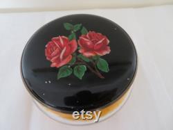 Vintage Gwenda Glass Powder Bowl, Black and Red Rose Enamel Screw Lid, Unused Powder Puff
