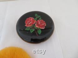 Vintage Gwenda Glass Powder Bowl, Black and Red Rose Enamel Screw Lid, Unused Powder Puff