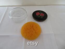 Vintage Gwenda Glass Powder Bowl, Black and Red Rose Enamel Screw Lid, Unused Powder Puff