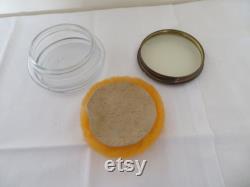 Vintage Gwenda Glass Powder Bowl, Black and Red Rose Enamel Screw Lid, Unused Powder Puff