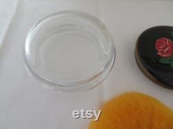 Vintage Gwenda Glass Powder Bowl, Black and Red Rose Enamel Screw Lid, Unused Powder Puff