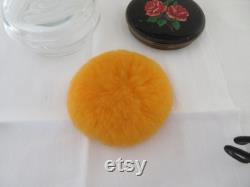 Vintage Gwenda Glass Powder Bowl, Black and Red Rose Enamel Screw Lid, Unused Powder Puff