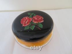Vintage Gwenda Glass Powder Bowl, Black and Red Rose Enamel Screw Lid, Unused Powder Puff