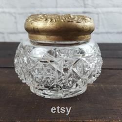 Vintage Hair Receiver Jar Crystal Cut Glass Jar with Ornate Brass Lid Art Nouveau Hollywood Regency Vintage Vanity Dresser Decor Women Gift