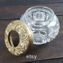 Vintage Hair Receiver Jar Crystal Cut Glass Jar with Ornate Brass Lid Art Nouveau Hollywood Regency Vintage Vanity Dresser Decor Women Gift