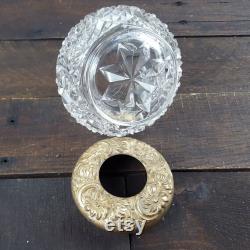 Vintage Hair Receiver Jar Crystal Cut Glass Jar with Ornate Brass Lid Art Nouveau Hollywood Regency Vintage Vanity Dresser Decor Women Gift