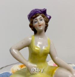 Vintage Half Doll Powder Jar Dish Art Deco Lady Swimsuit German Yellow Purple