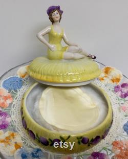 Vintage Half Doll Powder Jar Dish Art Deco Lady Swimsuit German Yellow Purple