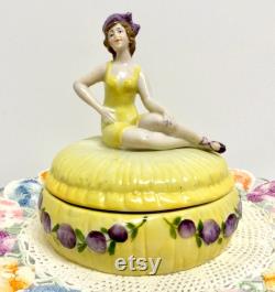 Vintage Half Doll Powder Jar Dish Art Deco Lady Swimsuit German Yellow Purple