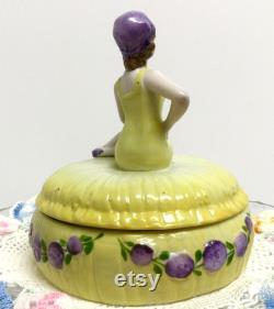 Vintage Half Doll Powder Jar Dish Art Deco Lady Swimsuit German Yellow Purple