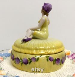 Vintage Half Doll Powder Jar Dish Art Deco Lady Swimsuit German Yellow Purple