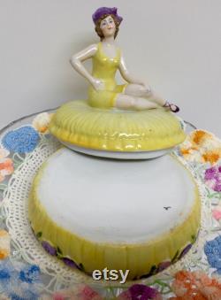 Vintage Half Doll Powder Jar Dish Art Deco Lady Swimsuit German Yellow Purple