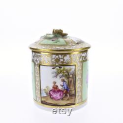 Vintage Hand Painted Dresden Porcelain Covered Box with Lime Green Panels