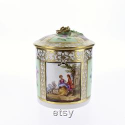 Vintage Hand Painted Dresden Porcelain Covered Box with Lime Green Panels