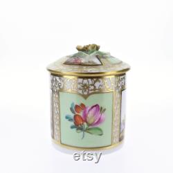 Vintage Hand Painted Dresden Porcelain Covered Box with Lime Green Panels
