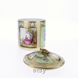 Vintage Hand Painted Dresden Porcelain Covered Box with Lime Green Panels