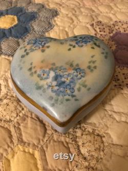 Vintage Hand Painted Porcelain Ceramic Floral Forget Me Not Trinket Box Dresser Box Powder Box