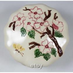 Vintage Handmade Ceramic Powder Jewelry Box Raised Flower and Butterfly Design