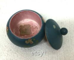 Vintage Handprinted Tiny Wood Powder Box Pink Roses T74