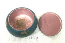 Vintage Handprinted Tiny Wood Powder Box Pink Roses T74