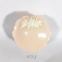 Vintage Hard Plastic Pale Pink Powder Box with Applied White Rose Motif Hinged Lid