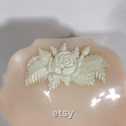 Vintage Hard Plastic Pale Pink Powder Box with Applied White Rose Motif Hinged Lid