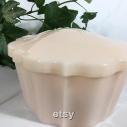 Vintage Hard Plastic Pale Pink Powder Box with Applied White Rose Motif Hinged Lid