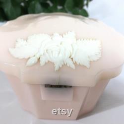 Vintage Hard Plastic Pale Pink Powder Box with Applied White Rose Motif Hinged Lid