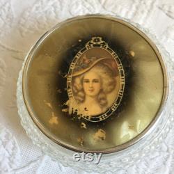 Vintage Hobnail Glass Design Powder Jar with Fancy Lady in Hat in Center of Lid. Silver Edge of Lid. Romantic Picture on Top.