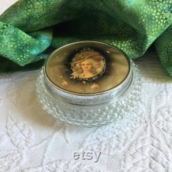 Vintage Hobnail Glass Design Powder Jar with Fancy Lady in Hat in Center of Lid. Silver Edge of Lid. Romantic Picture on Top.