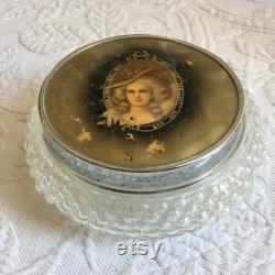 Vintage Hobnail Glass Design Powder Jar with Fancy Lady in Hat in Center of Lid. Silver Edge of Lid. Romantic Picture on Top.